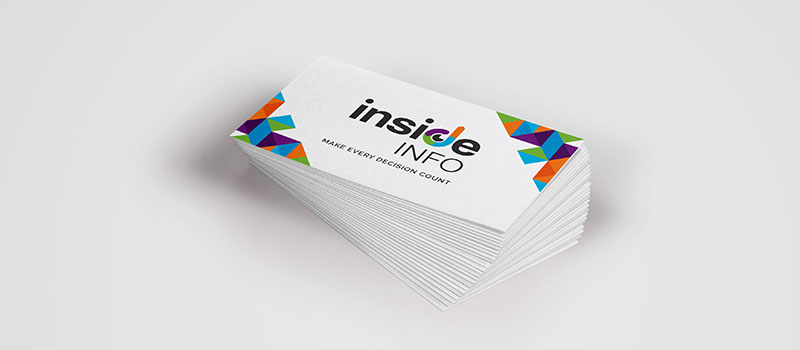 Inside Info brand refresh: business cards designed by Orion Creative.